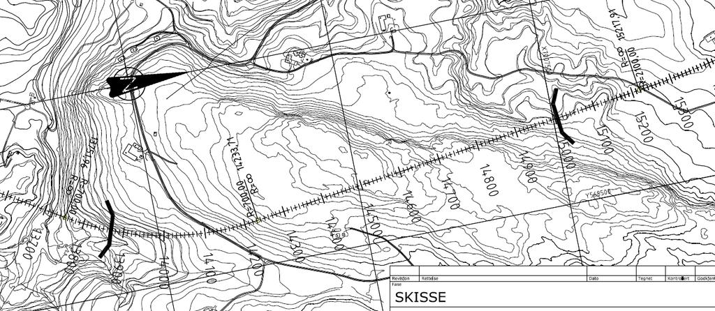 Side: 4 av 6 T3 Påhugg Nord. Tegninger viser påhugg ved ca profil 15000. Traseen går her rett inn i en rygg med det som mest trolig er mektige marine avsetninger (leire).