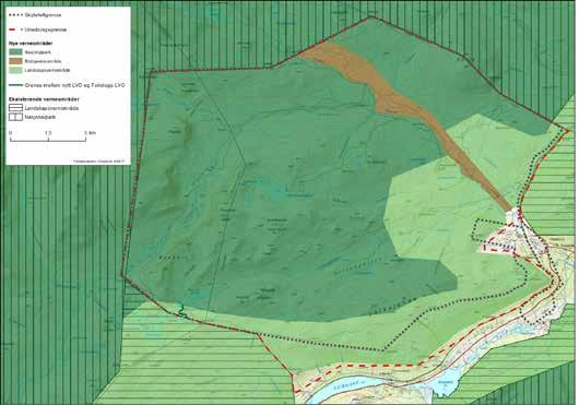 Nasjonalpark er markert med mørkegrønn farge, landskapsvernområde med lysegrønt og biotopvern med