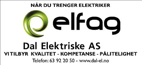 Dal Elektriske AS Dalgården, 2072 Dal Tlf.: 63 92 20 50 E-post: mailto:jas@dal-el.no Link: Dal Elektriske AS Dal Elektriske gir 10% på sine normale timepriser.