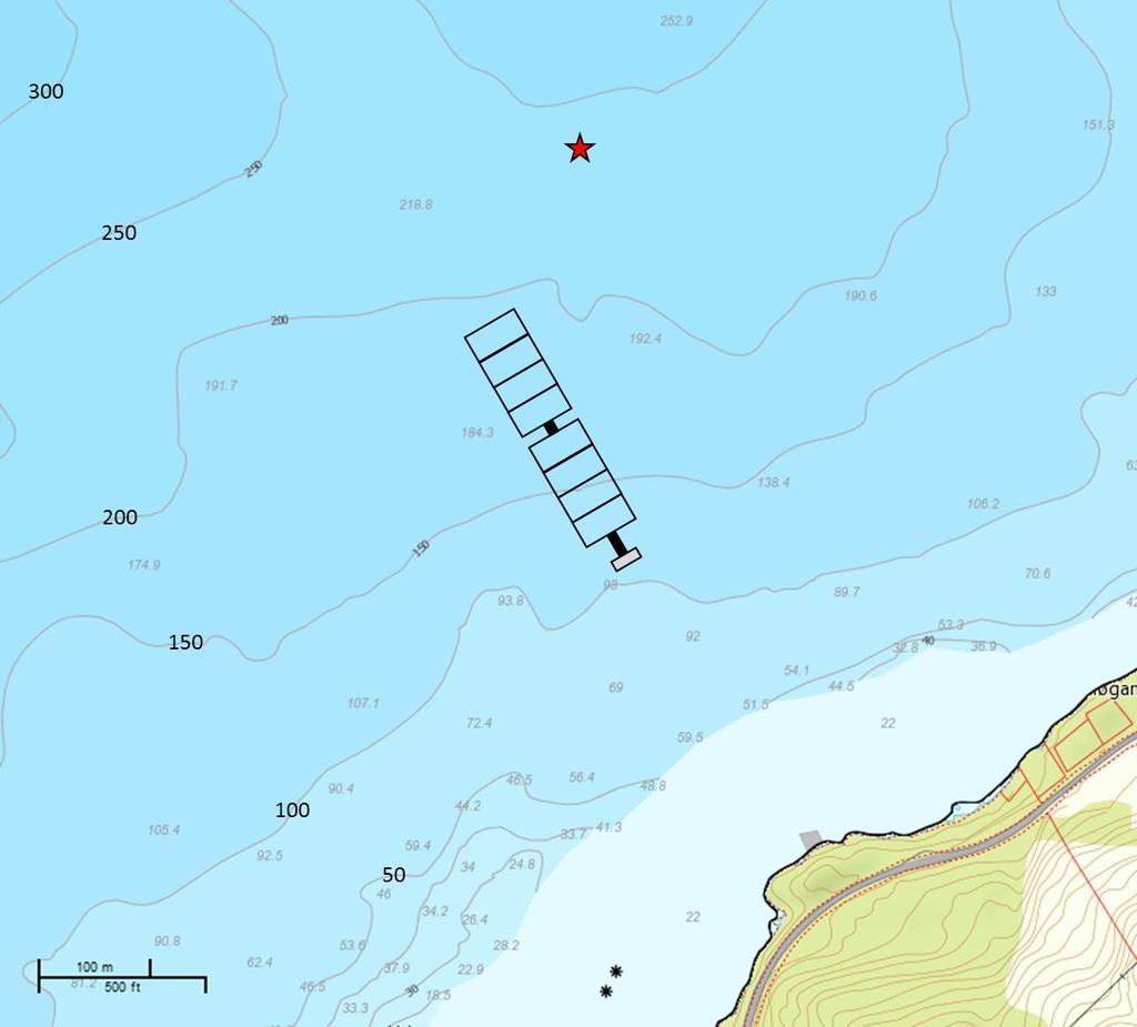 Ut frå djupnekarta ser ein at lokaliteten ved Svåsand ligg i eit område der botn skrånar relativt jamt og middels bratt nedover til 100 m djup over ein distanse på ca 250 m frå land (figur 3).