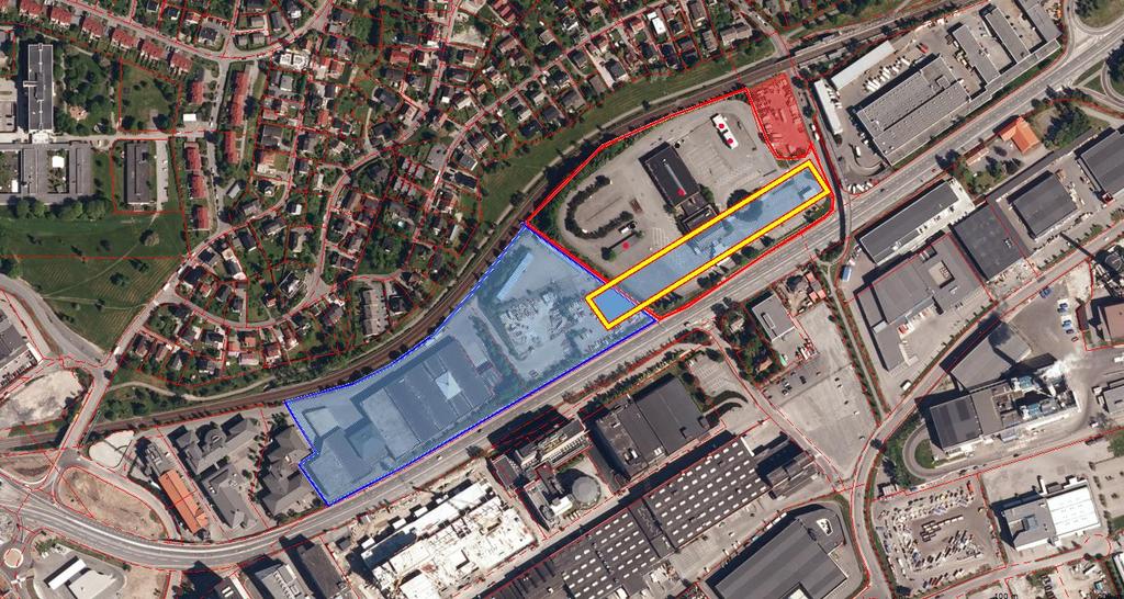 12157 Beredskapssenter for politiet Tomtealternativ 3 Blått område eies privat og er på ca. 43 da. Rødt område eies av EBY og er på ca. 3 da. Veitilsynets eiendom er vist med rødt omriss og er på ca.