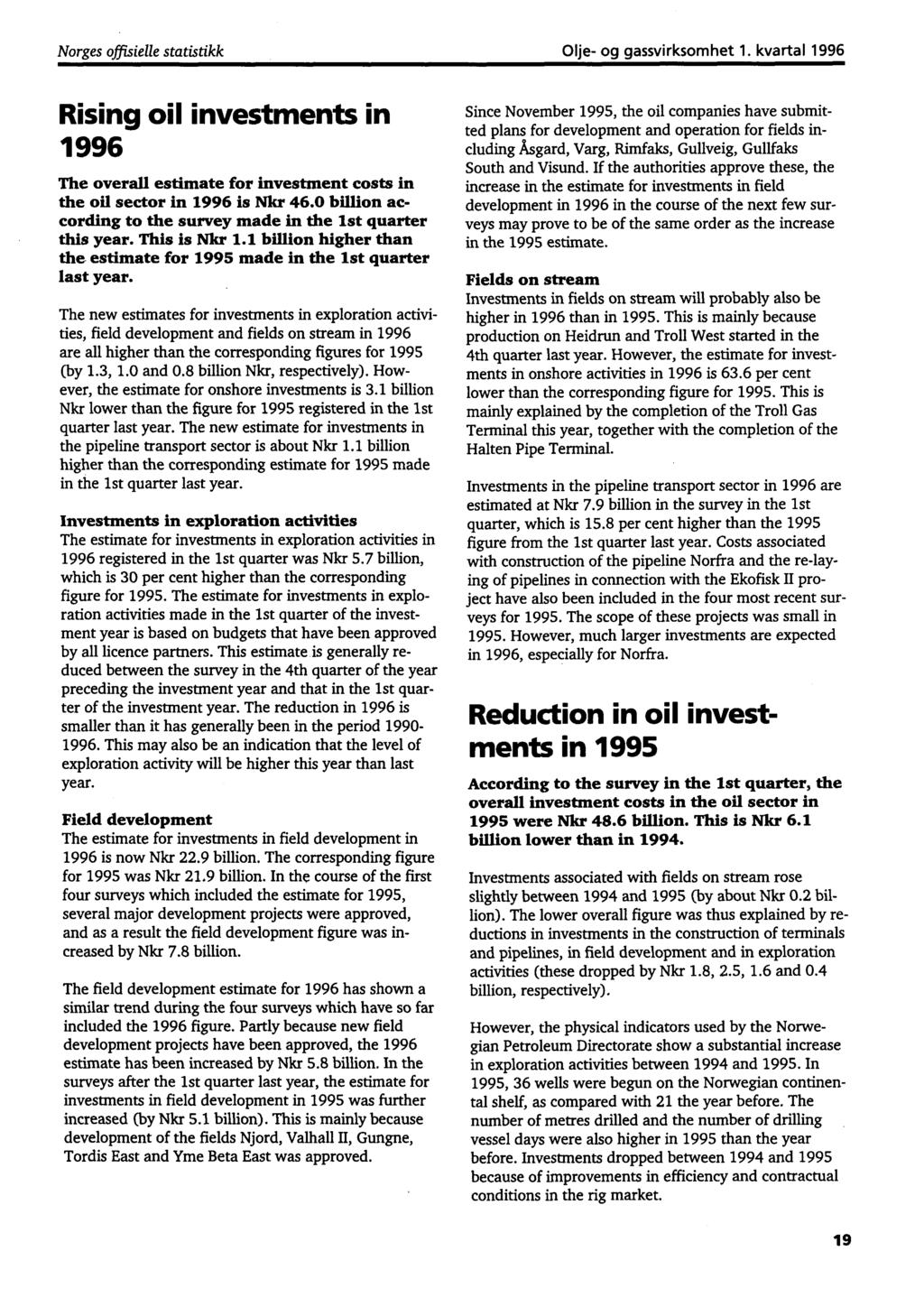 Norges offisielle statistikk Olje- og gassvirksomhet 1. kvartal 1996 Rising oil investments in 1996 The overall estimate for investment costs in the oil sector in 1996 is Nkr 46.