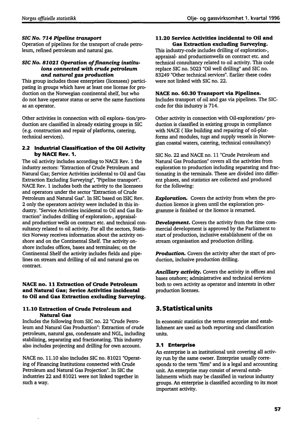 Norges offisielle statistikk Olje- og gassvirksomhet 1. kvartal 1996 SIC No. 714 Pipeline transport Operation of pipelines for the transport of crude petroleum, refined petroleum and natural gas.