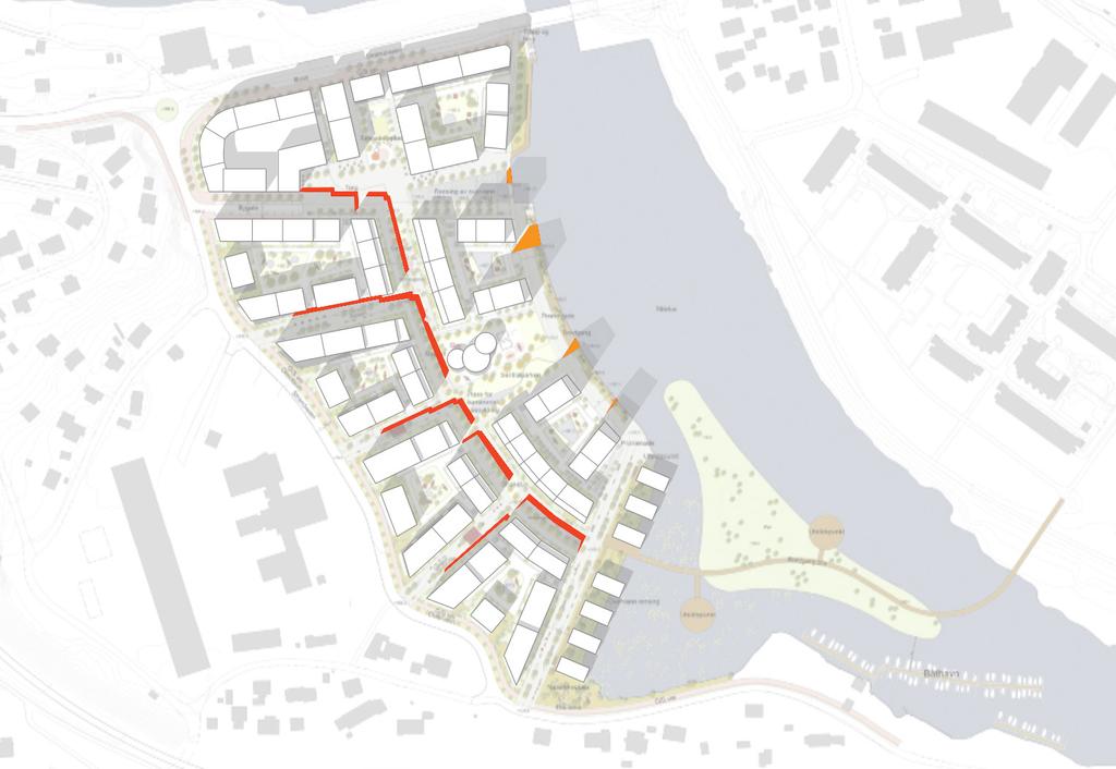 Understående komparative sol- og skyggestudie (1.mai) redegjør for en annen stor fordel ved denne organiseringen av bebyggelsen.