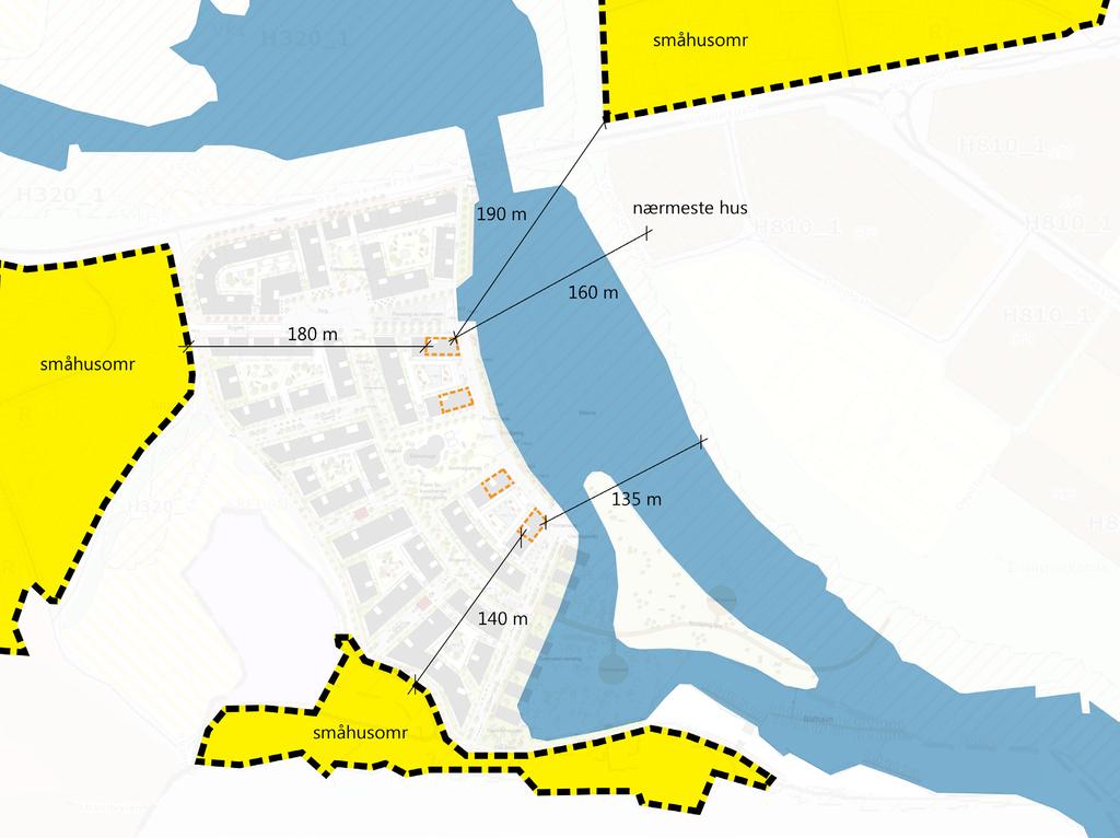 Forholdet til byen Illustrasjonen over viser ny situasjon i Strandveien 1 overlagt de respektive kommuners kommuneplaner - med småhusområdene særskilt uthevet.