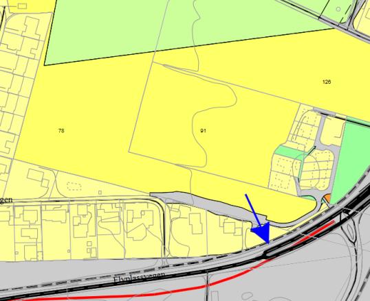 Adkomst til boligfelt i plan 0350 må legges om, slik at adkomst til feltet blir fra nord, og gjennom nytt boligfelt.