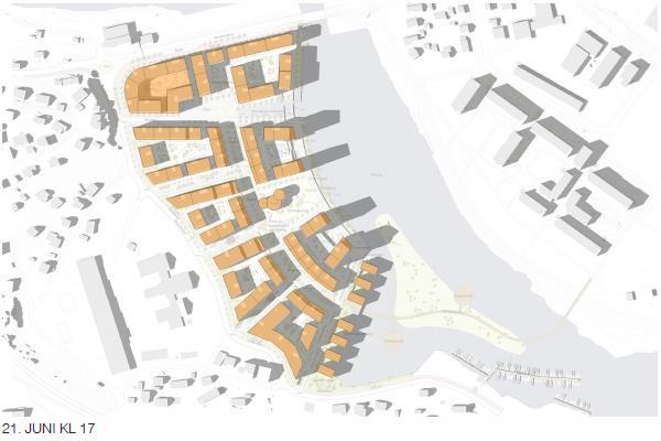 områder som blir skyggelagt ved dette forslaget kontra forslaget ved den første førstebehandlingen av reguleringsplanen. Barnerepresentanten viser også til notatet 1.