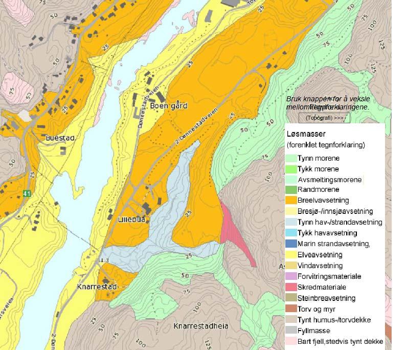 Grunnforhold Befaring Det er ikke foretatt geotekniske grunnundersøkelser i området, men iht. løsmassekart utarbeidet av NGU, jfr.