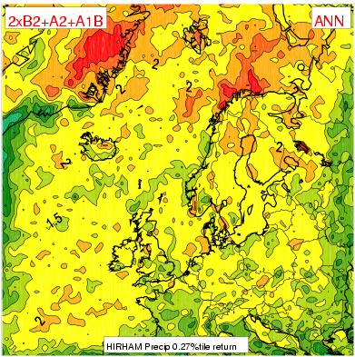 Temperaturscenarier fra NorACIA/RegClim Figur 18. Hyppighet av ekstrem 1-døgns nedbør i perioden 2071-2100 sammenlignet med perioden 1961-90.