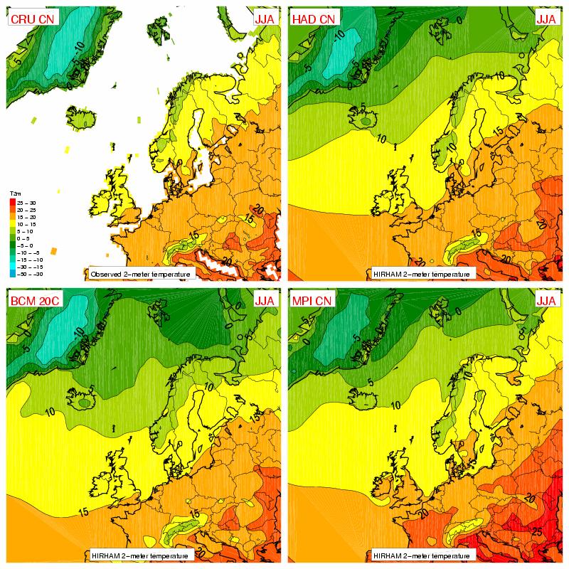 Figur 5. Midlere sommertemperatur ( C) (Juni-august) for dagens klima (1961-90) fra a).