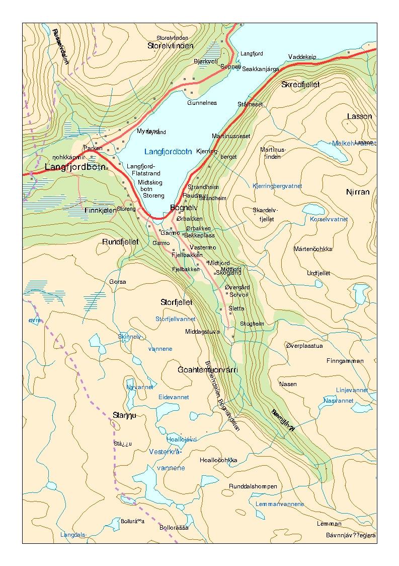 1. Innledning 1.1. Beliggenhet Det planlagte uttaket ligger i Bognelvdalen i Langfjordbotn, ca 3 km sør for E6. Området dekkes av kartblad 1835-3. Ovesiktskart: Utsnitt av kart i målestokk 1:50000.