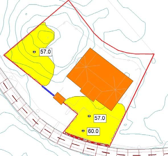 5. BEREGNET OG VURDERT STØY Vegtrafikk Regnbuen barnehage Uteområdet nærmest veien overskrider støygrensen L d = 55 db, se figur 2. Typiske støynivå er L d = 57-60 db.