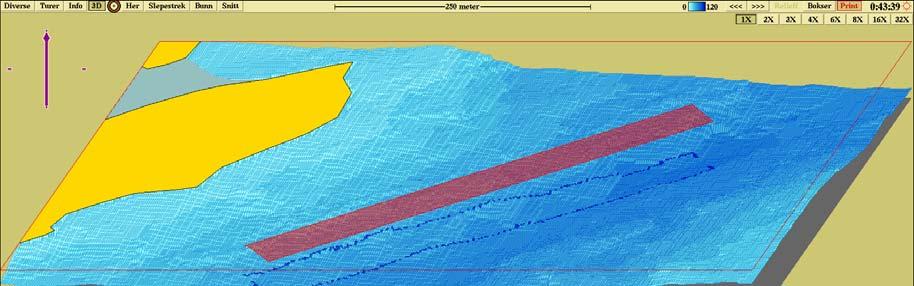Figur nr. 1. Tredimensjonalt topografisk Olex-kart. Dybdeforholdene under anlegget ved Rotholmen. Anlegget er markert som et rektangel. Lilla pil viser retning mot nord.