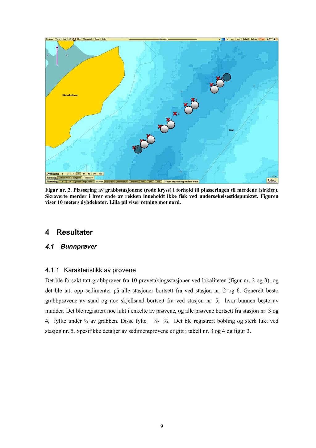 Figur nr. 2. Plassering av grabbstasjonene (røde kr yss) i forhold til plasseringen til merdene (sirkler). Skraverte merder i hver ende av rekken inneholdt ikke fisk ved undersøkelsestidspunktet.