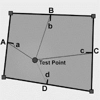 Side 4 av 5 OPPGAVE 4 Kollisjonsdeteksjon ( 40 % ) a) I kollisjonsdeteksjon er det å bestemme om et mulig treffpunkt ligger innenfor eller utenfor en polygon en sentral oppgave.