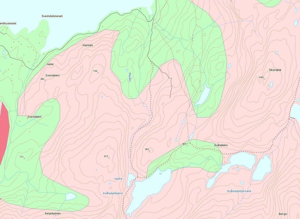 NATURGRUNNLAGET Ved Songrøfjellet er det årer med rikere bergrunn bestående av gabbro og amfibolitt, men i hovedsak dominerer harde bog næringsfattige ergarter i influensområdet.