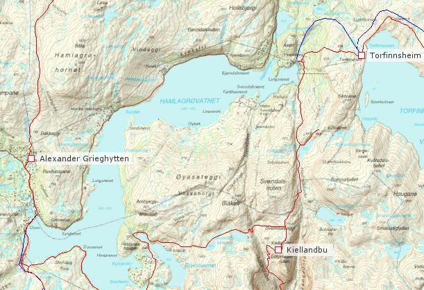 Turistforeningens løypenett i nærområdene til Hamlagrøvatnet.