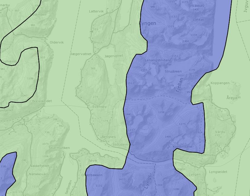 Sultinden Tyttebærtinden Uttaksområde Tyttebærvika Tyttebæraksla Kjosen Fig. 4.1.