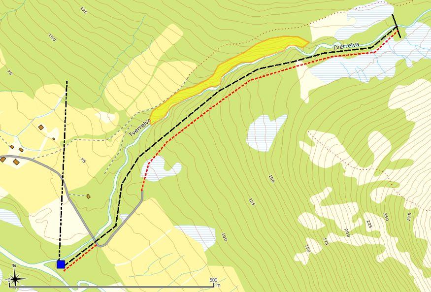 Ecofact rapport 102 Side 16 Figur 10. Kart som viser lokalisering av høystaudeskogen (gult polygon) langs Tverrelva som har lokal verdi (verdi C).