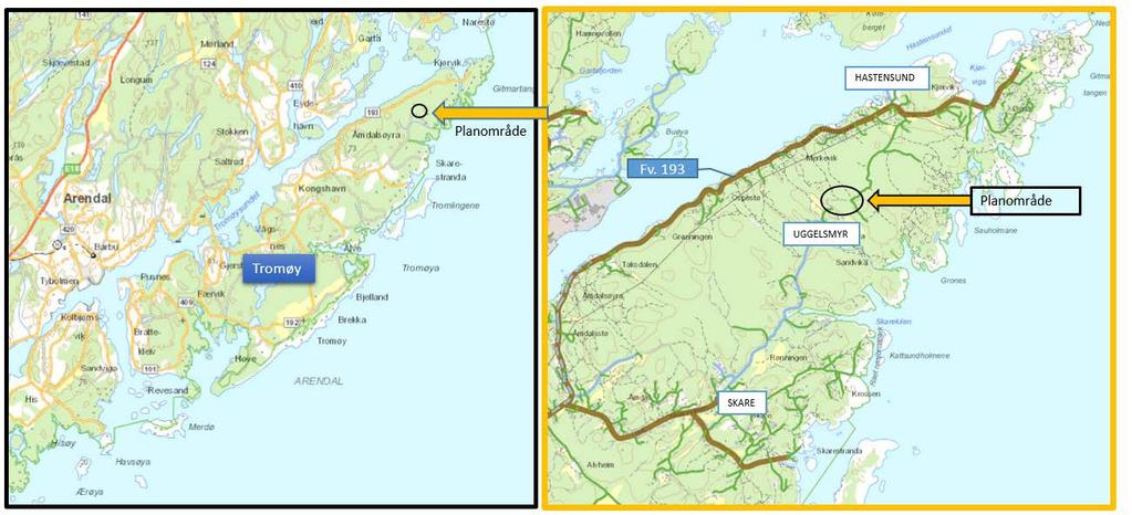 1. SAMMENDRAG Øst på Tromøy i Arendal kommune, mellom Skare og Hastensund, ligger den gamle hovedferdselsveien ut til Øyna. Veien ble i 30-årene erstattet av dagens hovedveg, fv.