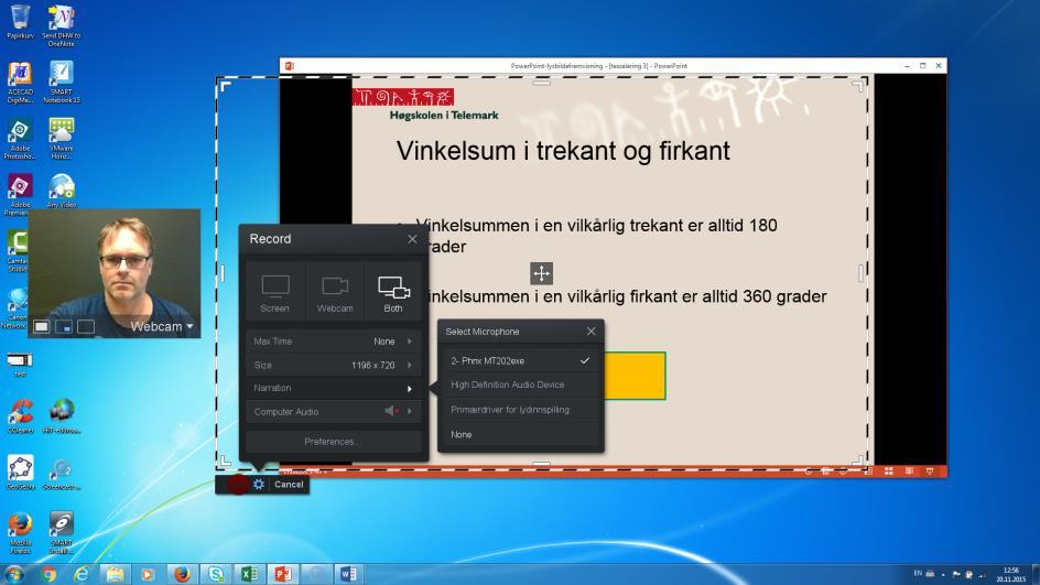 Det neste du skal gjøre er å sjekke at lyden er skrudd på og at riktig mikrofon er koblet til. Du klikker på Narration. (Se figur 14). Du får opp et vindu med aktuelle mikrofoner.