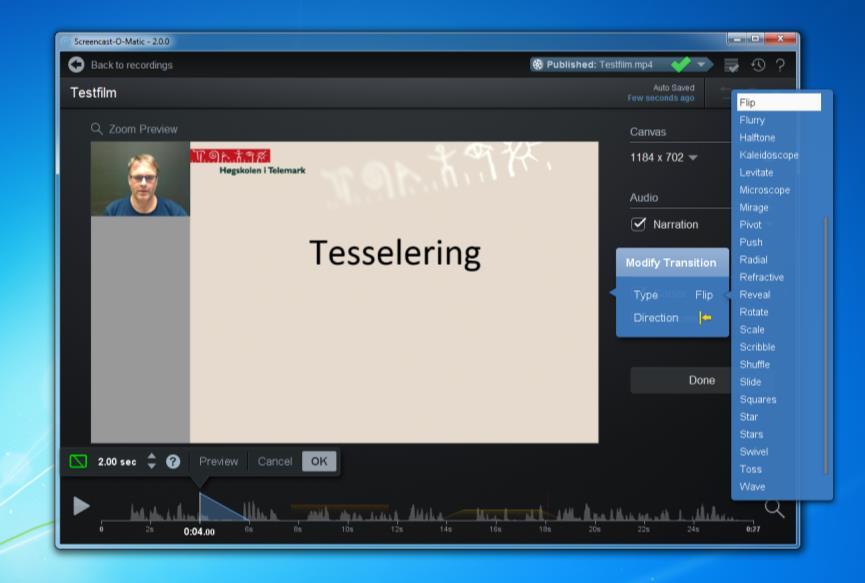 Klikk her for å velge en overgang. Figur 47 Når du har valgt den overgangen du ønsker å bruke så klikker du på ok.
