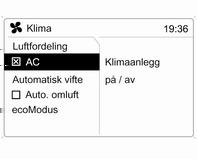 Klimastyring 109 Gå tilbake til automatisk drift: Trykk på knappen AUTO. Avdugging og avising av vinduer Trykk på knappen V, V vises i displayet.