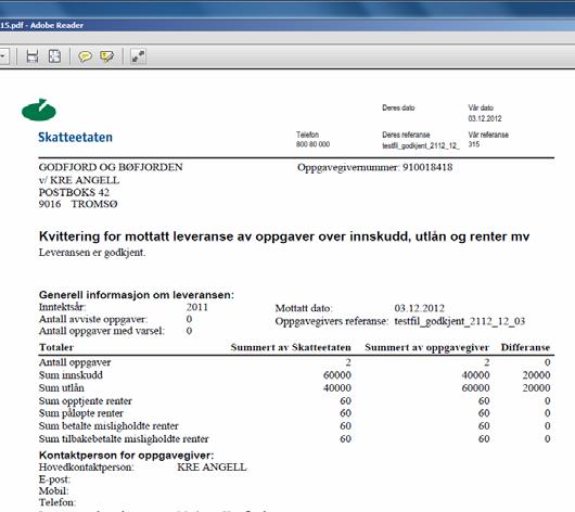 Antall nye oppgaver Antall erstattede oppgaver Antall godkjente oppgaver i leveransen Antall avviste oppgaver i leveransen Totalsum av beløpsfeltet Tekstlig beskrivelse som angir hovedresultatet av