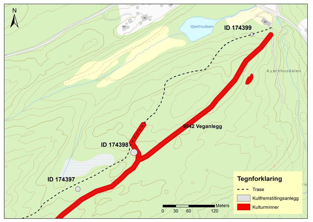 Undersøkelsen Traseen for den planlagte skogsbilveien ble gått opp og området ble overflatebefart. Det ble gjort funn av tre kullmiler i eller i nærheten av traseen.