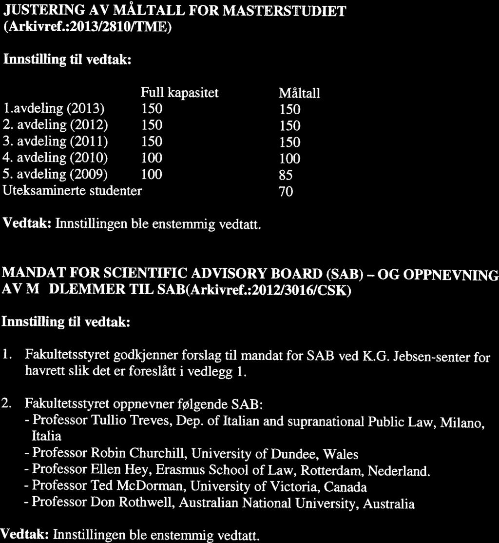 JF 32-13 JUSTERING AV MÅLTALL FOR MASTERSTUDIET (Arkivref.:2013/2810/TME) Full kapasitet Måltall 1.avdeling (2013) 150 150 2. avdeling (2012) 150 150 3. avdeling (2011) 150 150 4.