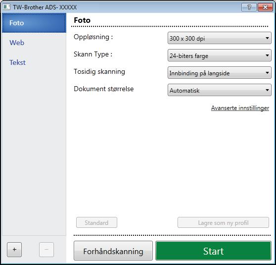 Skanne ved hjelp av datamaskinen TWAIN-driverinnstillinger 6 Klikk på enten Grunnleggende-skjermbildet eller Avanserte innstillinger for TWAIN-driverinnstillinger.