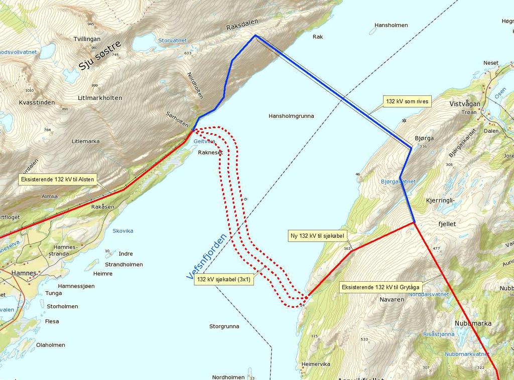 Riving av eksisterende linje: ca. 7 km, inkludert fjordspennet Figur 7. Kartutsnittet viser tilknytning av sjøkabel til eksisterende 132 kv linje. Dette medfører ca. 2,5 km ny 132 kv linje.