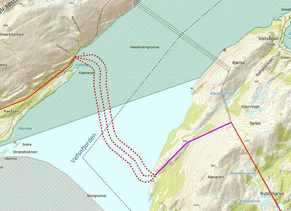 Figur 10. Grønt skravert areal symboliserer nasjonal laksefjord. Brunt skravert areal viser registrerte arter. INON Overgang til sjøkabel vil endre på INON-statusen i området.