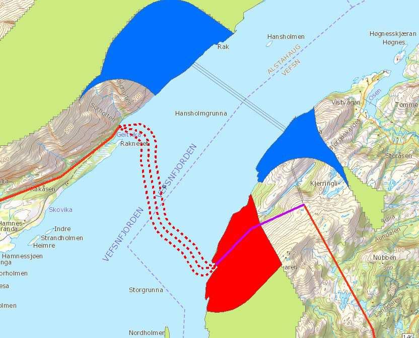 Figur 12. INON etter overgang til sjøkabel (blått er tilbakeførte arealer og rødt er tap av INON-arealer). Kartet er utarbeidet av HelgelandsKraft. 8.1.4 LANDSKAP Influensområdet er områder rundt linjetrasé hvor fjordspennet er synlig fra.