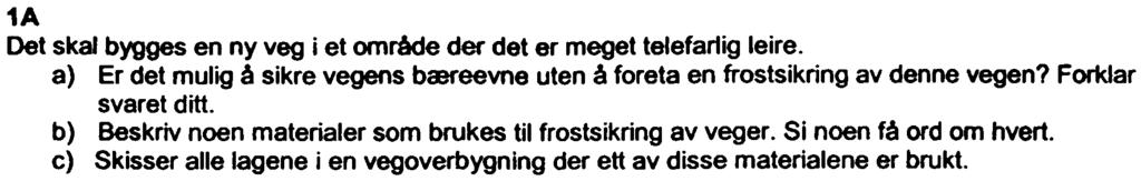 l "Drift og vedlikehold av veger og gater" Nr LV21B -. desember 2003 Alle hjelpemidler tillatt OPPGAVE 1. 1A Det skal bygges en ny veg i et område der det er meget telefarlig leire.