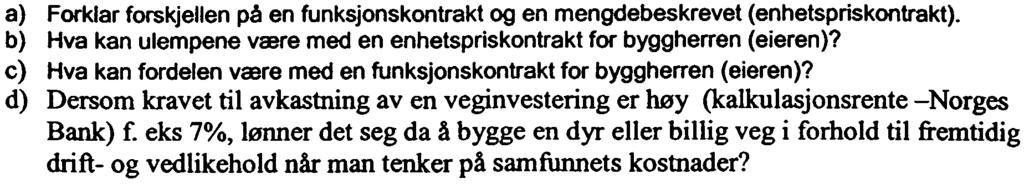 3 OPPGAVE 3 3A a) Forklar forskjellen på en funksjonskontrakt og en mengdebeskrevet (enhetspriskontrakt). b) Hva kan ulempene være med en enhetspriskontrakt for byggherren (eieren)?