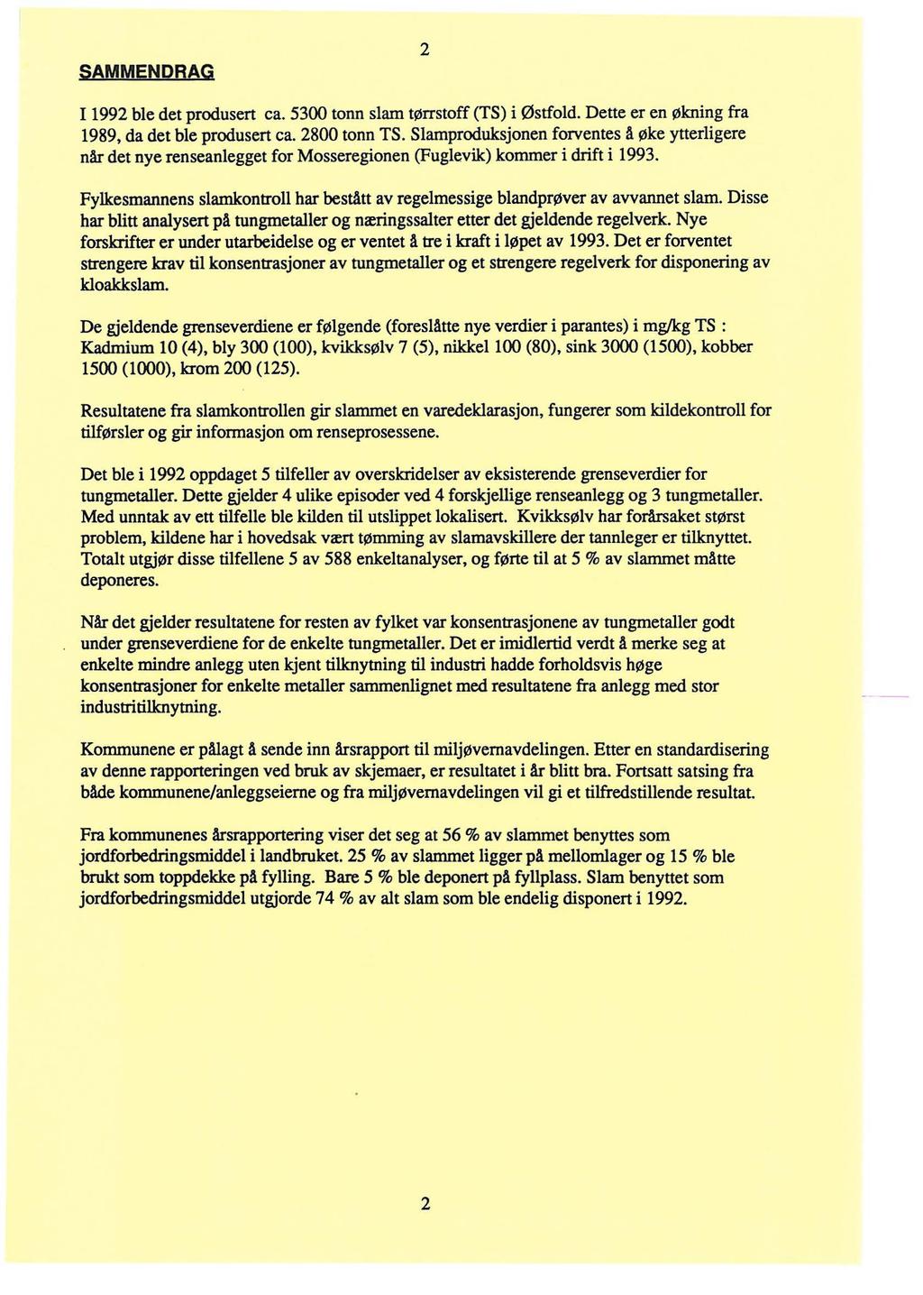 SAMMENDRAG 2 I 1992 ble det produsert ca. 5300 tonn slam tørrstoff (TS) i Østfold. Dette er en økning fra 1989, da det ble produsert ca. 2800 tonn TS.