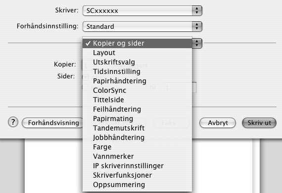 UTSKRIFT Velg [Skriv ut] på [Arkiv]-menyen i TextEdit. 1 Kontroller at riktig skriver er valgt. 2 Maskinnavnet som vises i "Skriver"-menyen er som regel [SCxxxxxx].