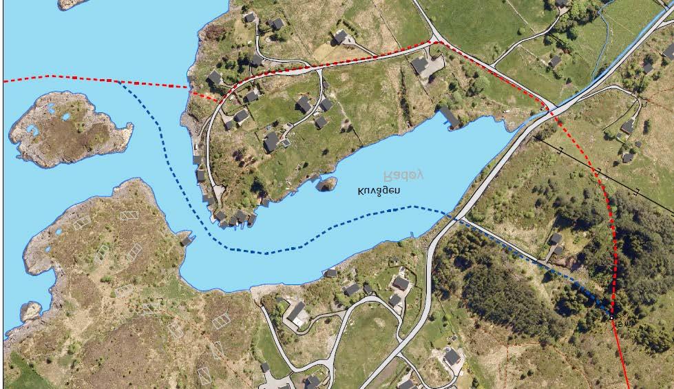 Alternativ 1.5 i Radøy kommune Kabelendemasten settes ca. 200 meter inn på land, ca. 100 meter fra nærmeste bygning.