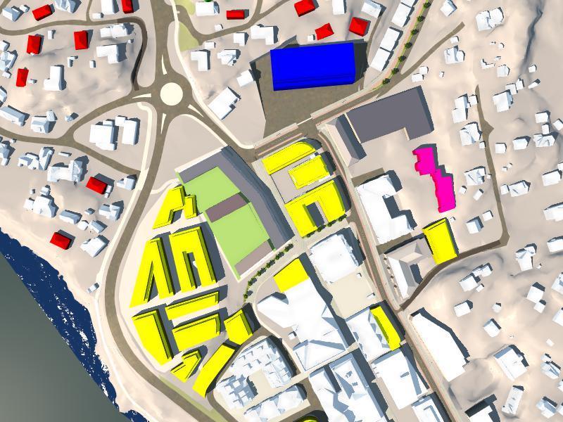 Figur: Sommersolverv kl 1500, Minus 2 etasjer Solforhold i gågate: 50% sol, 50% skygge Solforhold på plass foran fru Moseid: 100% sol, 0%