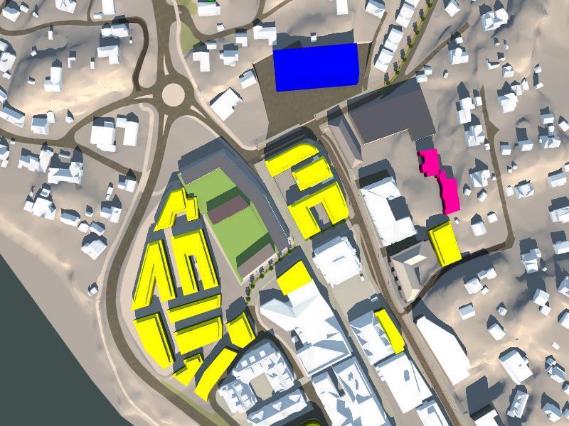 Figur: Høstjevndøgn kl 1200, Minus 2 etasjer Solforhold i gågate: 75% sol, 25% skygge Solforhold på plass foran fru Moseid: 100% sol, 0%