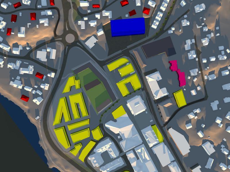 Figur: Vintersolverv kl 1200, Minus 2 etasjer Solforhold i gågate: 0% sol, 100% skygge Solforhold på plass foran fru Moseid: 0% sol, 100%