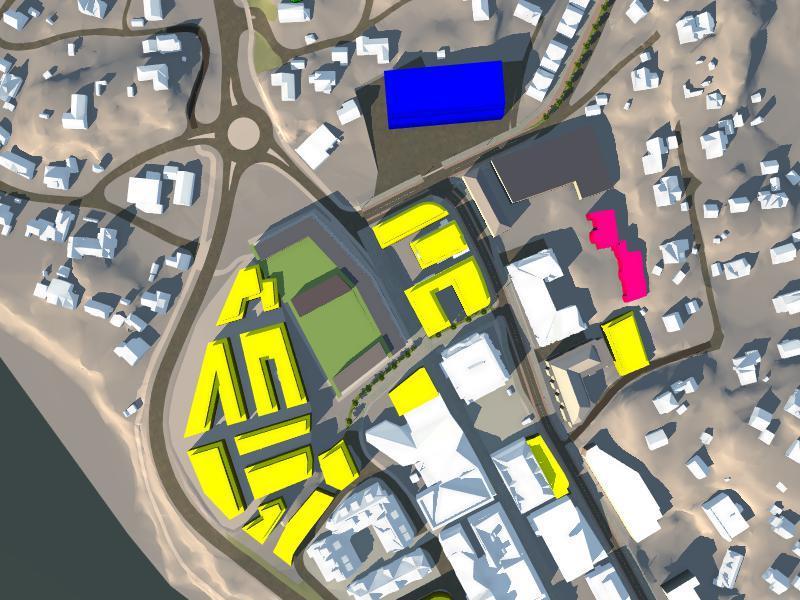 Figur: Vårjevndøgn kl 1500, Min 2 etasjer Solforhold i gågate: ca 100% skygge Solforhold på plass foran fru Moseid: 35% sol, 65%