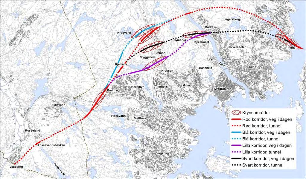 5. KORRIDORER SOM ANBEFALES VIDEREFØRT I KOMMUNEDELPLANARBEIDET Alle korridorer har utgangspunkt i et toplanskryss ved Vige. Alle alternativer samles igjen i nytt kryss Breimyr.