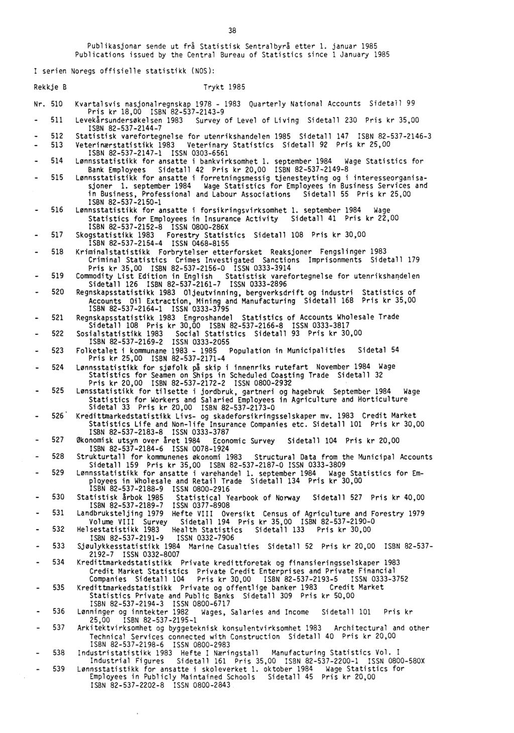 38 Publikasjonar sende ut frå Statistisk Sentralbyrå etter 1.