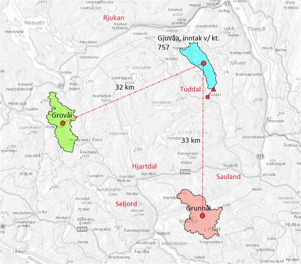 1.6 Sammenligning med nærliggende vassdrag Gjuvåa er et sidevassdrag til Skogsåa og er en del av Skiensvassdraget. Skogsåa renner gjennom Tuddal og munner ut i Hjartdøla ved Åmot i Sauland.