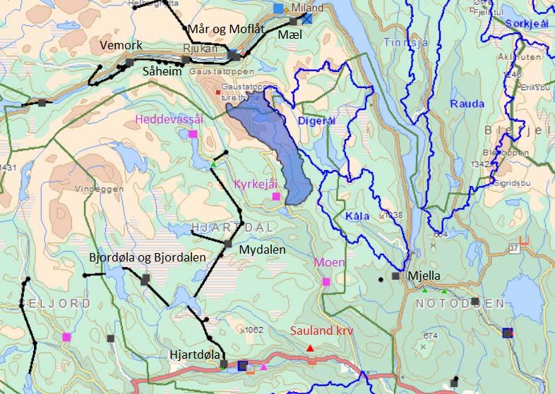 Figur 1.6.2. viser nedbørsfelt til Gjuvåa med eksisterende- og konsesjonssøkte kraftverk, samt kraftverk som er unntatt konsesjonsbehandling. I tillegg vises vassdrag som inngår i verneplan.