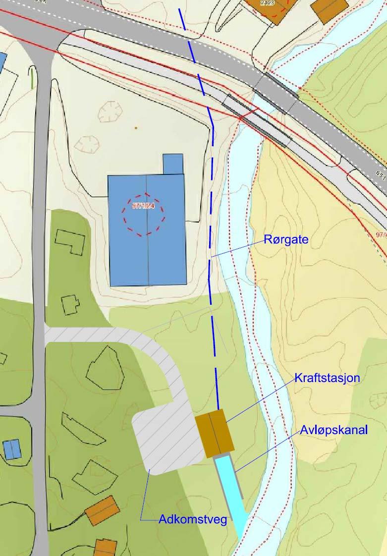 2.2.6 Kraftstasjon Gjuvåa kraftstasjon skal plasseres i dagen med utløp på kote 467, på et flomsikkert sted ca. 90 meter sør for fylkesvegbrua, ca. 110 meter fra nærmeste bolig og ca.