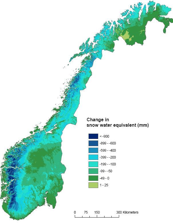 Endring i millimeter snøekvivalenter per år: 1961-1991 vs 2071-2100 2 ulike modeller, samme scenario mm Fra: Snow cover and snow water equivalent in Norway: -current