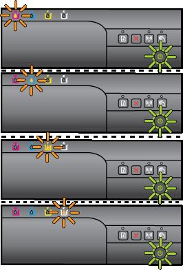 Kapittel 5 (forts.) Lampebeskrivelse/lysmønster På/av-lampen blinker og blekkpatronlampene blinker en etter en, fra venstre mot høyre. Forklaring og anbefalte tiltak Skrivehodet er ikke kompatibelt.